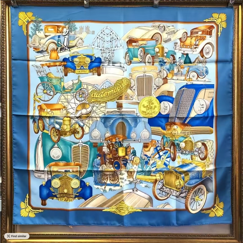 Hermes Vintage Car Motif Silk Scarf In Blue, Gold, Cream